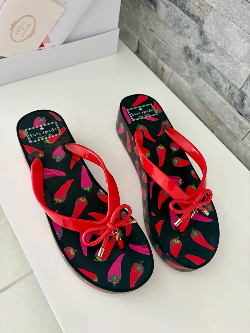 kate spade Black Platform Flip Flop Sandals with Red and Pink Pepper Print - Picture 9 of 10